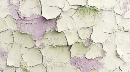 Fototapeta premium Weathered peeling paint texture on cracked wall surface with shades of purple and green