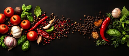 Vibrant Flat Lay of Various Ingredients, Spices, and food cooking background,