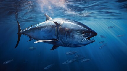 Fototapeta premium A large powerful Pacific bluefin tuna leads an intense feeding frenzy among a swirling school of smaller baitfish in a dynamic blue toned underwater seascape The tuna s streamlined