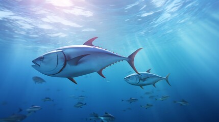 Fototapeta premium Two bigeye tuna swimming together in close proximity near an underwater ridge or reef formation in the deep blue ocean
