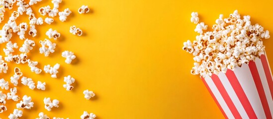 Pile of popcorn on yellow background with paper Photo spilled