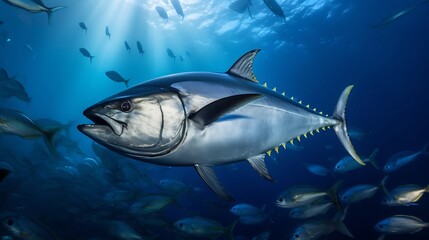 Naklejka premium A blackfin tuna gracefully swimming through the rich marine biodiversity of a vibrant seamount ecosystem deep in the ocean
