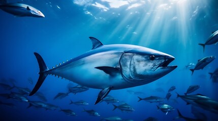 Fototapeta premium Majestic blackfin tuna swimming near a vibrant seamount teeming with diverse marine life in the depths of the tropical ocean