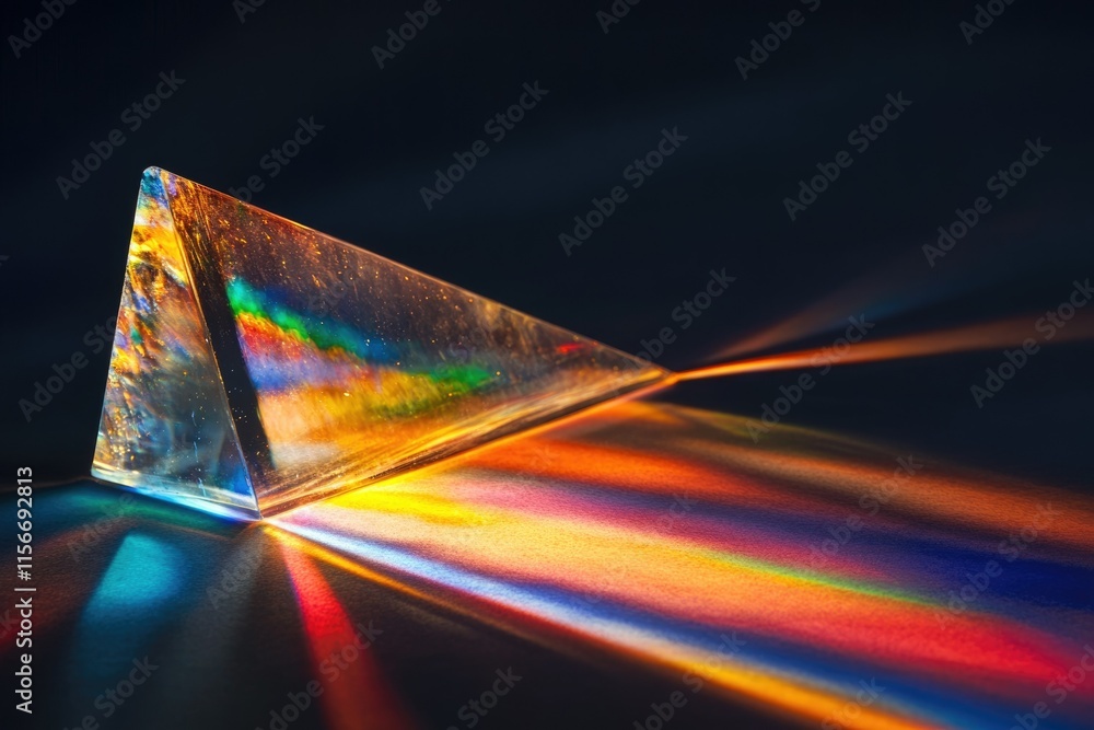Poster a triangular prism refracts light, creating a vibrant spectrum of colors on a dark surface.