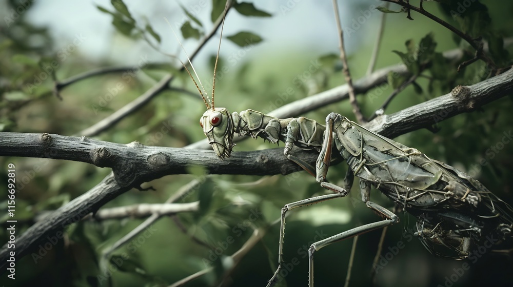 Poster a perfectly camouflaged stick insect skillfully blending into the twigs and branches of a dense lush