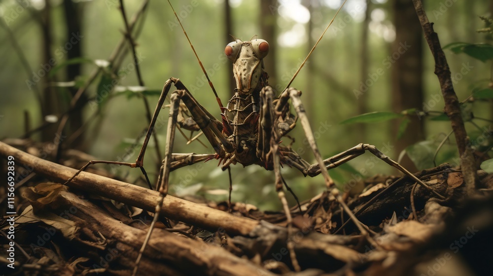 Poster stick insect expertly disguised as forest twig blending seamlessly into the natural environment in s