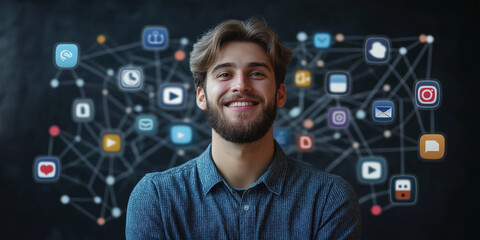 Engaging digital communication strategies online platforms infographic modern workspace eye-level perspective social media networking