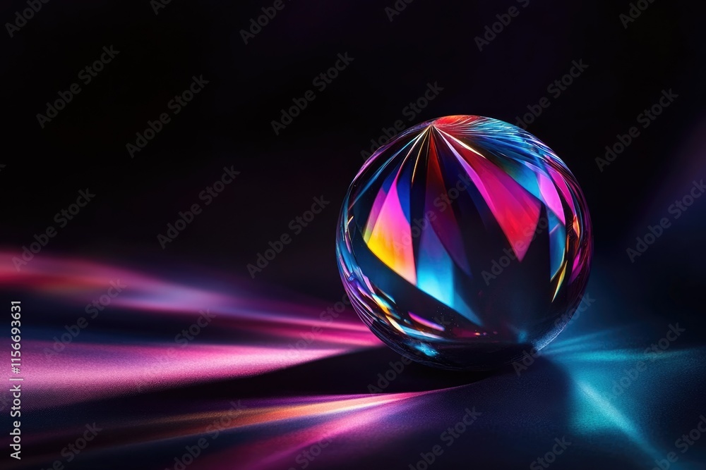 Poster a vibrant, iridescent glass sphere casts colorful reflections on a dark surface, creating a mesmeriz