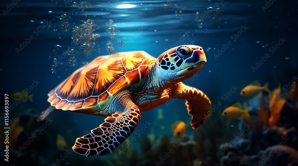 Poster captivating split image showcasing a turtle swimming underwater with its shell peeking above the ser