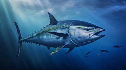 Fototapeta premium Dramatic leap of a powerful southern bluefin tuna with its dorsal fin extended showcasing the majestic and graceful motion of this apex predator in a vibrant oceanic seascape