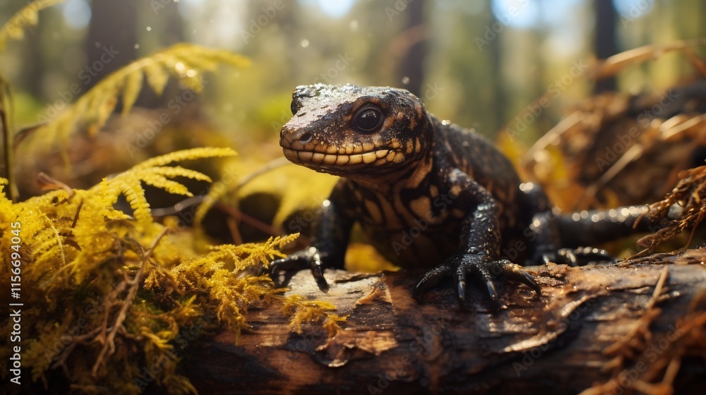 Poster detailed close up of a curious salamander crawling on the moist textured soil of a lush forest envir