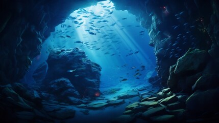 Captivating school of tuna fish swimming in a deep underwater canyon creating a mesmerizing and serene aquatic scene