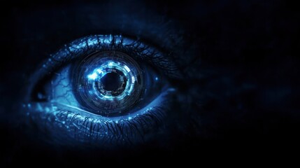 Close up of an eye with futuristic digital elements and data streams, highlights cataract surgery, eye operation, and advanced vision care technology