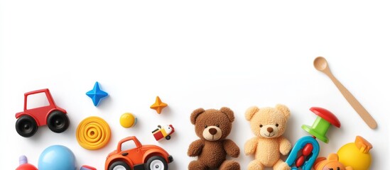Fototapeta premium Colorful Toy Flat Lay with Teddy Bears, collection of baby