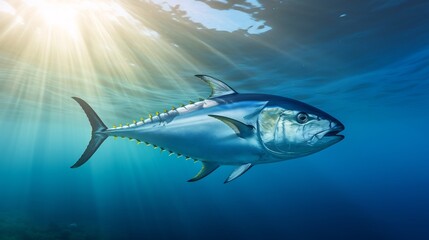 Fototapeta premium Skipjack Tuna Illuminated by Rays of Sunlight Streaming Through the Shimmering Ocean Surface Showcasing the Majestic Marine Life Underwater