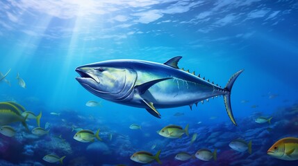 Naklejka premium Majestic Southern Bluefin Tuna Gracefully Cruising Through the Clear Blue Waters Near a Vibrant Coral Atoll Showcasing the Beauty and Diversity of the Underwater Ecosystem