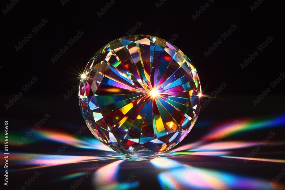 Poster a multifaceted crystal sphere refracts light, creating vibrant rainbow patterns on a dark surface.