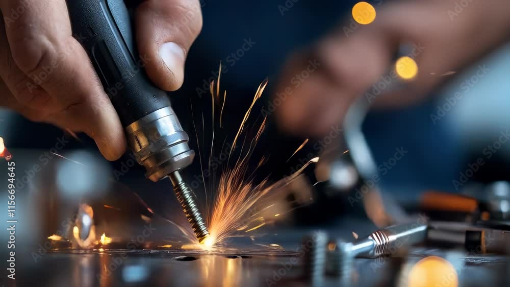 Poster a close-up of a hand using a tool to create sparks, showcasing metalworking and craftsmanship in act