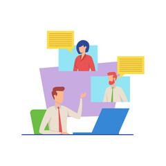 Businessman having video call with colleagues vector illustration. Manager discussing project with team. Business, video conference, teamwork, modern technology concept