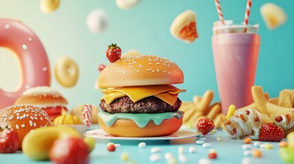 Binge eating disorder concept with woman eating fast food burger, fired chicken , donuts and desserts