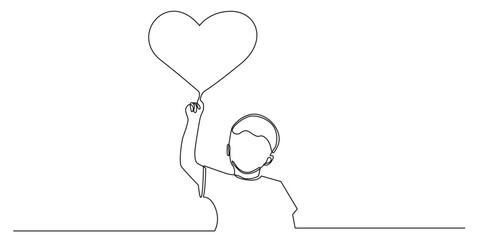 continuous line drawing of child holding heart.one line drawing of child holding heart icon above head.one line vector illustration.isolated white background
