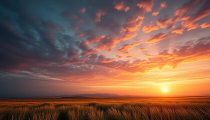 Fototapeta premium Golden Sunset Over a Vast Wheat Field Landscape