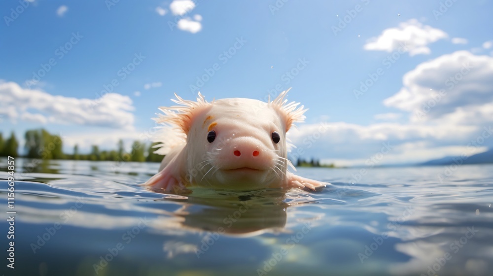 Poster captivating image of an axolotl gracefully swimming in a clear sunlit lake its reflection creating a
