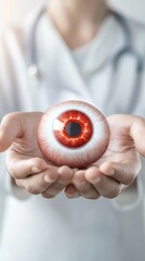 Person holding an eye in their hands with medical data overlay, highlights cataract surgery, eye surgery, and integration of technology in ophthalmology