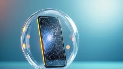 Spam call block technology concept. A sleek smartphone encased in a transparent bubble, glowing against a soft blue background with blurred lights.