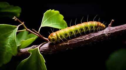 Silk Moth Caterpillar Weaving Its Delicate Cocoon on a Leafy Branch Showcasing the Intricate and Complex Process of Metamorphosis in Nature