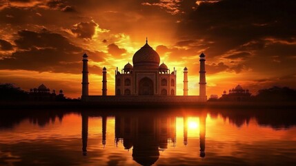 Scenic Taj Mahal at Sunrise/Sunset: White Marble Monument Sunset backdrop