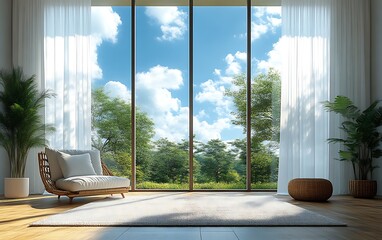 Tranquil room with large window overlooking lush greenery.