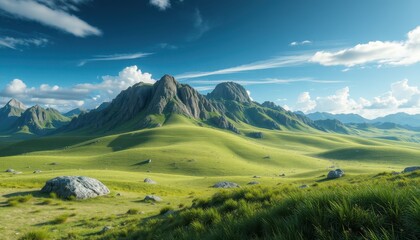 Fototapeta premium Rolling Green Hills and Majestic Mountains Under a Blue Sky