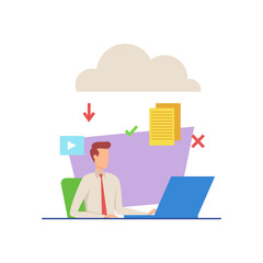Businessman working on laptop vector illustration. Manager checking documents in cloud storage, downloading, saving and deleting files. Business and modern technology concept