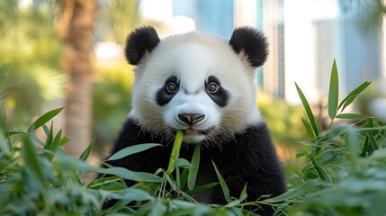 Fototapeta premium Panda Eating Bamboo in Urban Setting