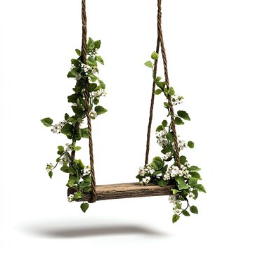 Wooden swing adorned with lush green leaves and delicate white flowers on a white isolated background.