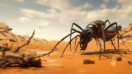 Closeup of a Tarantula Hawk Wasp Dragging a Paralyzed Spider Across the Sandy Desert Floor Showcasing the Predator s Hunting Behavior and Survival Tactics in the Arid Environment