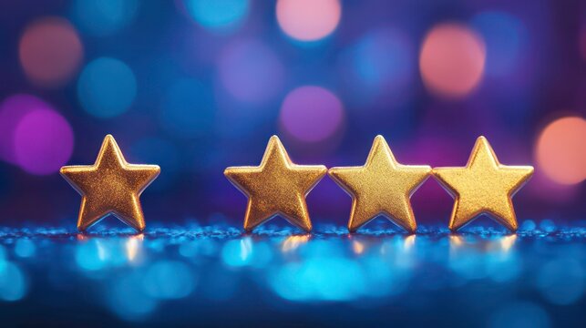 Four gold stars on a shimmering blue surface with bokeh background, representing top quality, excellent rating, or high achievement. - Powered by Adobe