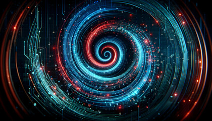 Hacker A swirling vortex of neon blue and red lights representing a cyber data breach in motion, set agains2