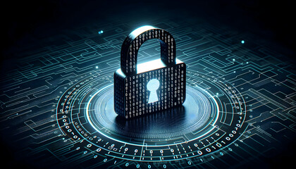 Hacker A sleek, floating lock icon and binary code patterns, symbolizing a hacker attack on a network, with a minimalist, black background design