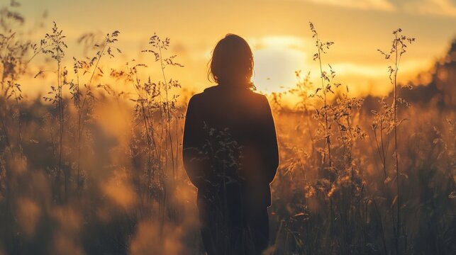 Silhouette of a Woman at Sunset in a Field of Grass