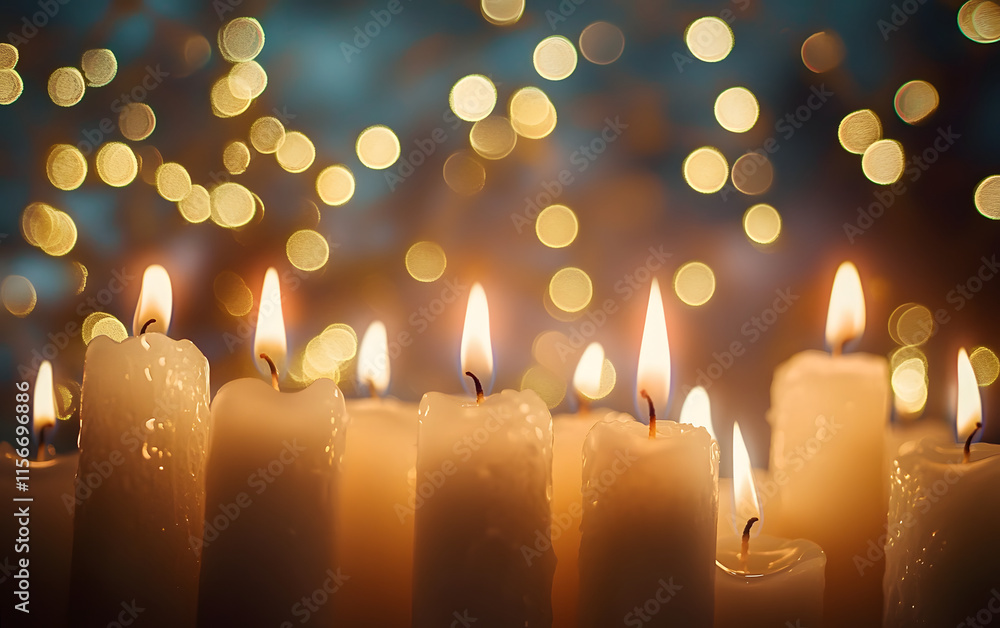 Poster a group of lit candles with a bokeh background of white lights.