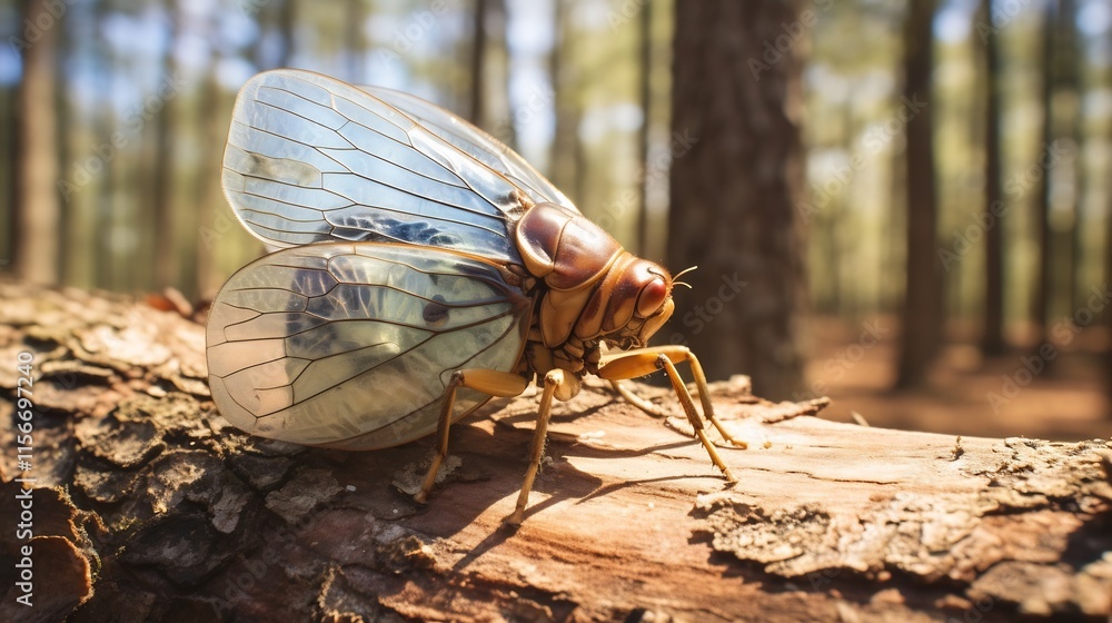 Poster close up of a metallic colored cicada exoskeleton or shell that has been left behind on a tree trunk