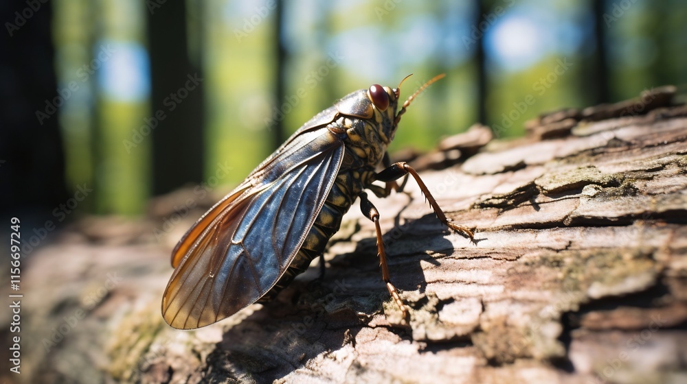 Poster closeup of a metallic colored cicada exoskeleton or shell left behind on a tree trunk after the inse