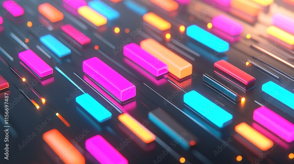 Poster a captivating 3d featuring a cluster of glowing vibrant tails set against a sleek modern layout with