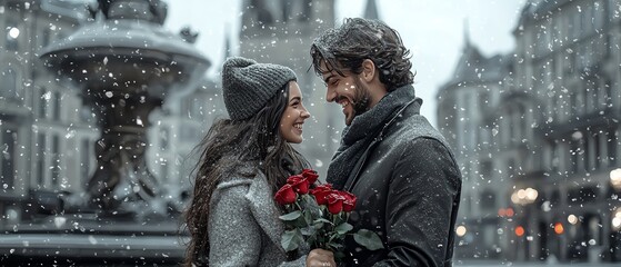 A romantic couple smiling at each other while holding roses in a snowy cityscape, surrounded by the charm of winter architecture.