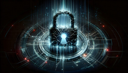 Hacker A shattered digital lock icon with streams of data leaking into a glowing cyber void on a dark futur2