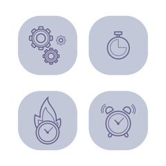 Deadline concept line icon set. Stopwatch, gear wheels, burning clock, ringing alarm. Time management concept. Vector illustrations for web design and apps