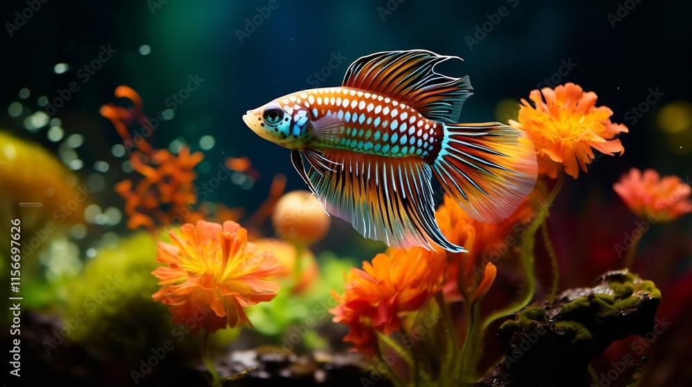 Poster captivating image of a vibrant guppy with intricate patterns gracefully swimming in a planted and th