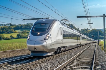 Fototapeta premium Sleek high-speed train gliding through lush green countryside un